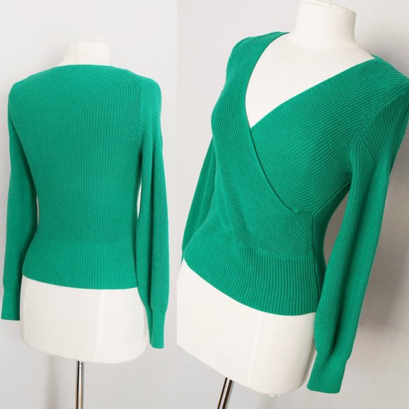 Anthropologie Moth Liza Surplice V Neck Faux Wrap Sweater Kelly Green Ribbed XSP - Picture 7 of 15